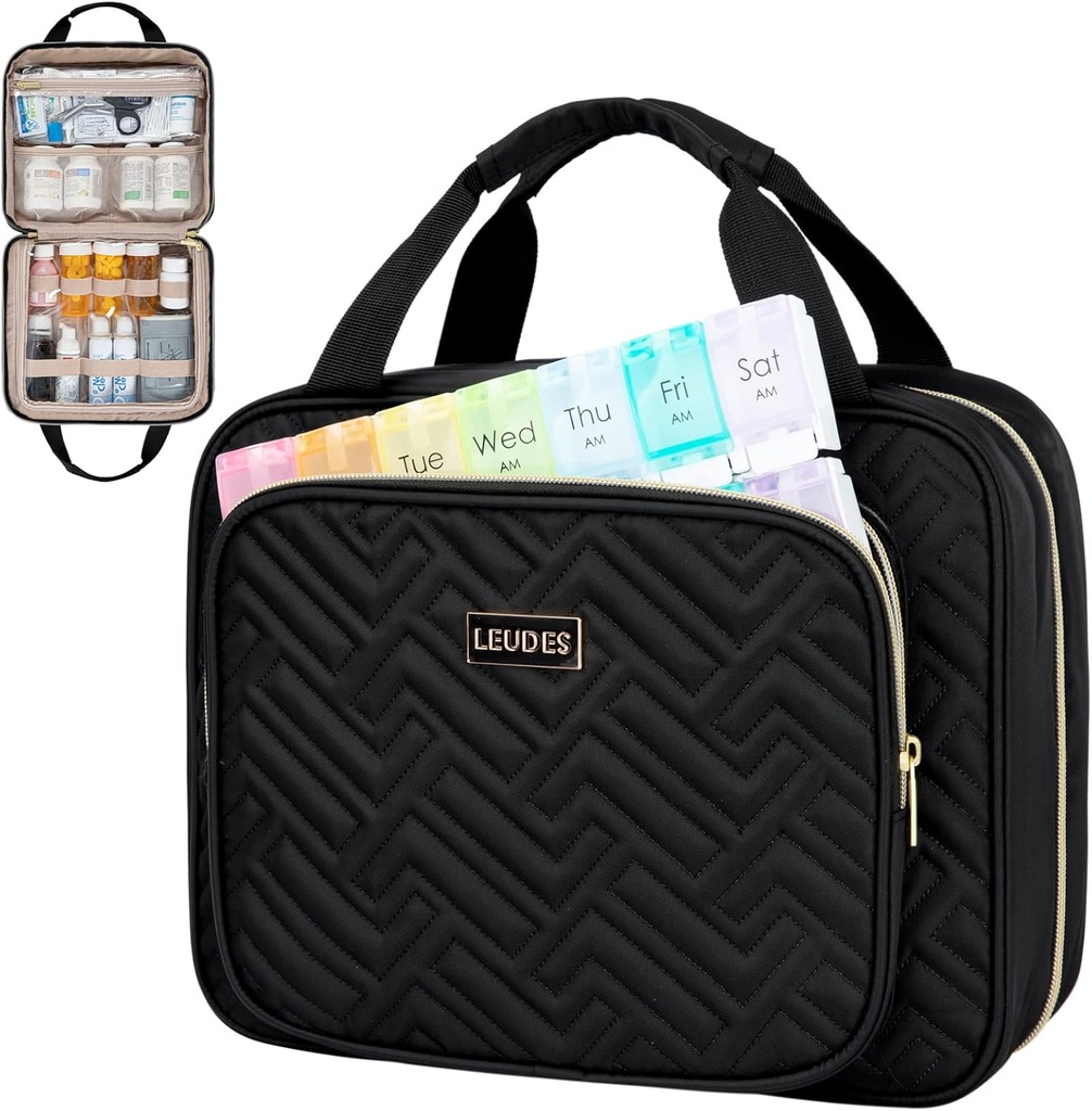 Leudes Travel Pill Bottle Organizer,Medicine Organizer and Storage,Home Medication Bag, Cases,Carrier for Pills,Vitamin,Fish Oil,Supplements for Women and Men (Large, Black)