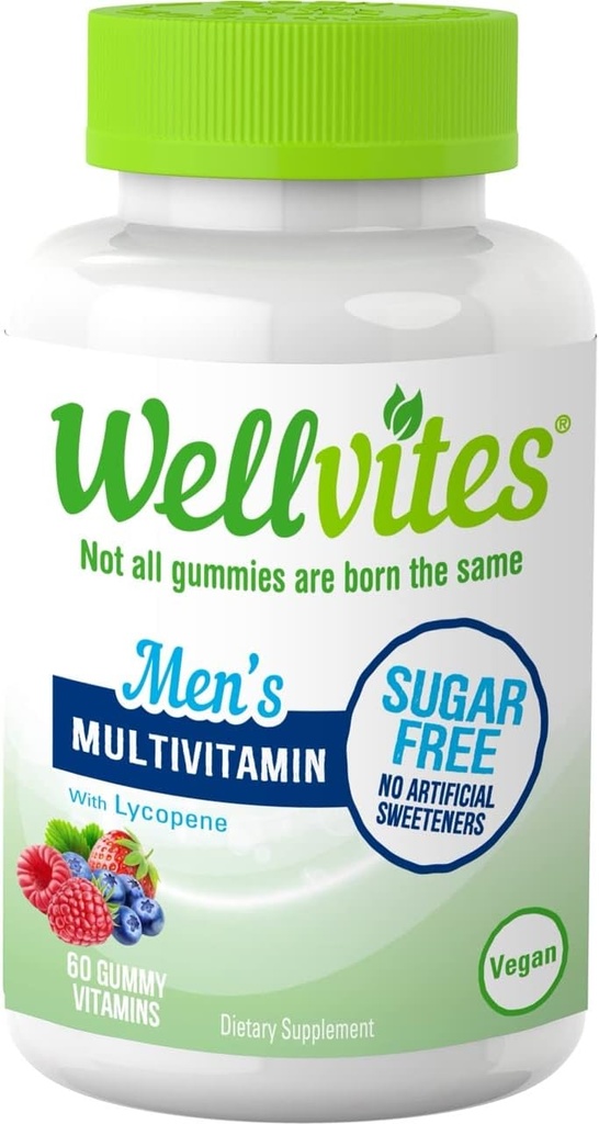 Wellvites Azúcar Gummies Multivitamínicas Libres para Hombres, Vegan y No GMO - Vitamina A, B6, y B12, Biotina y Folato, Vitaminas para Hombres, Sin Dulces Artificiales, Sin gluten, 60 Cuentas (30 Day Supply)