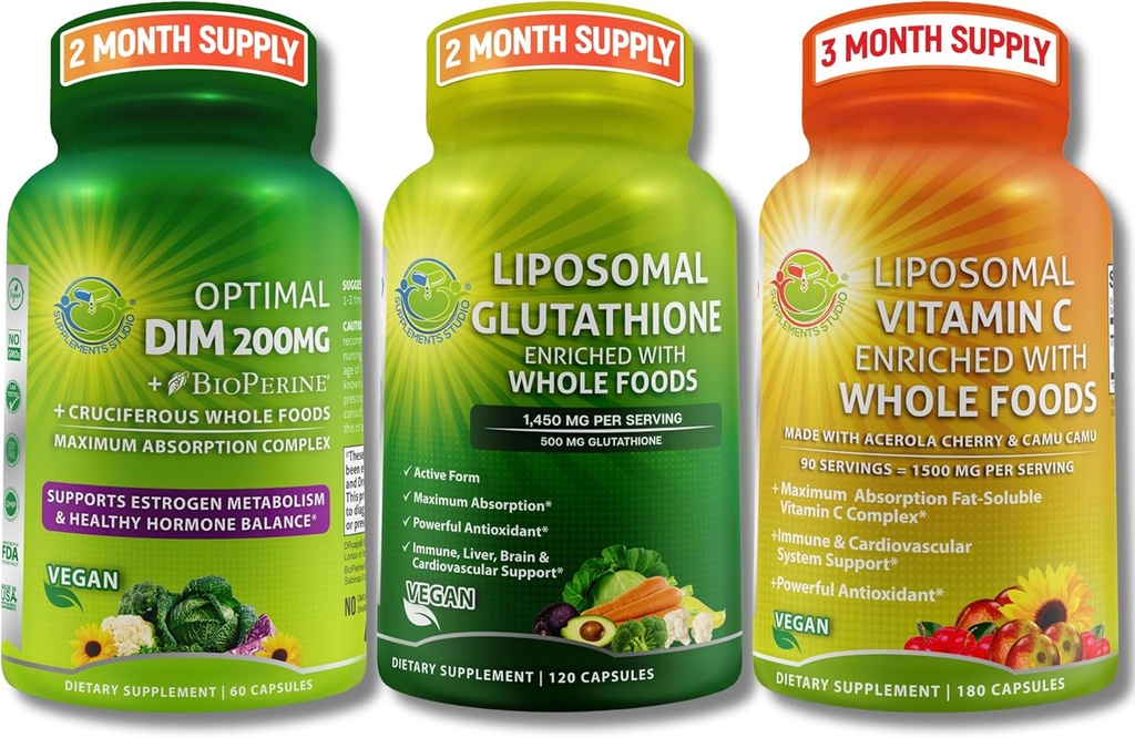 Total Immune, Hormonal & Antioxidant Support Bundle for Women &amp; Men – Liposomal Glutathione 500mg + Liposomal Vitamina C 1500mg + DIM 200mg con BioPerine® & cruciferous Whole Foods – Vegan " Non-GMO