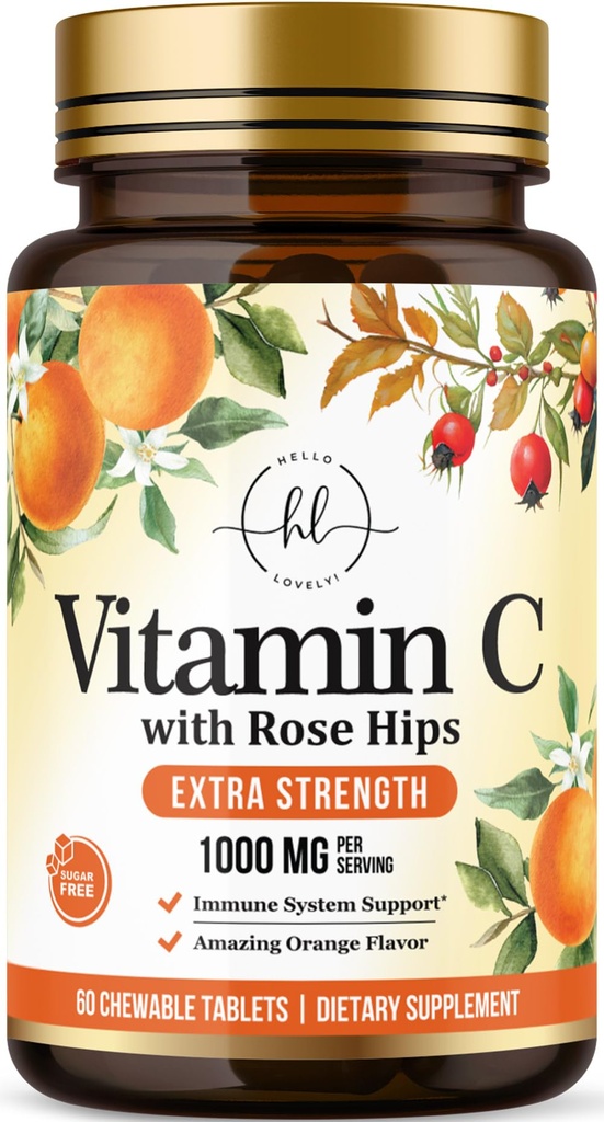 Vitamin C 1000mg Per Serving - Extra Strength with Rose Hips Bioflavonoids - Sugar Free Vitamin C Chewable Pills, Vit C Supplement for Immune Support & Antioxidant, USA Bottled - 60 Chewable Tablets