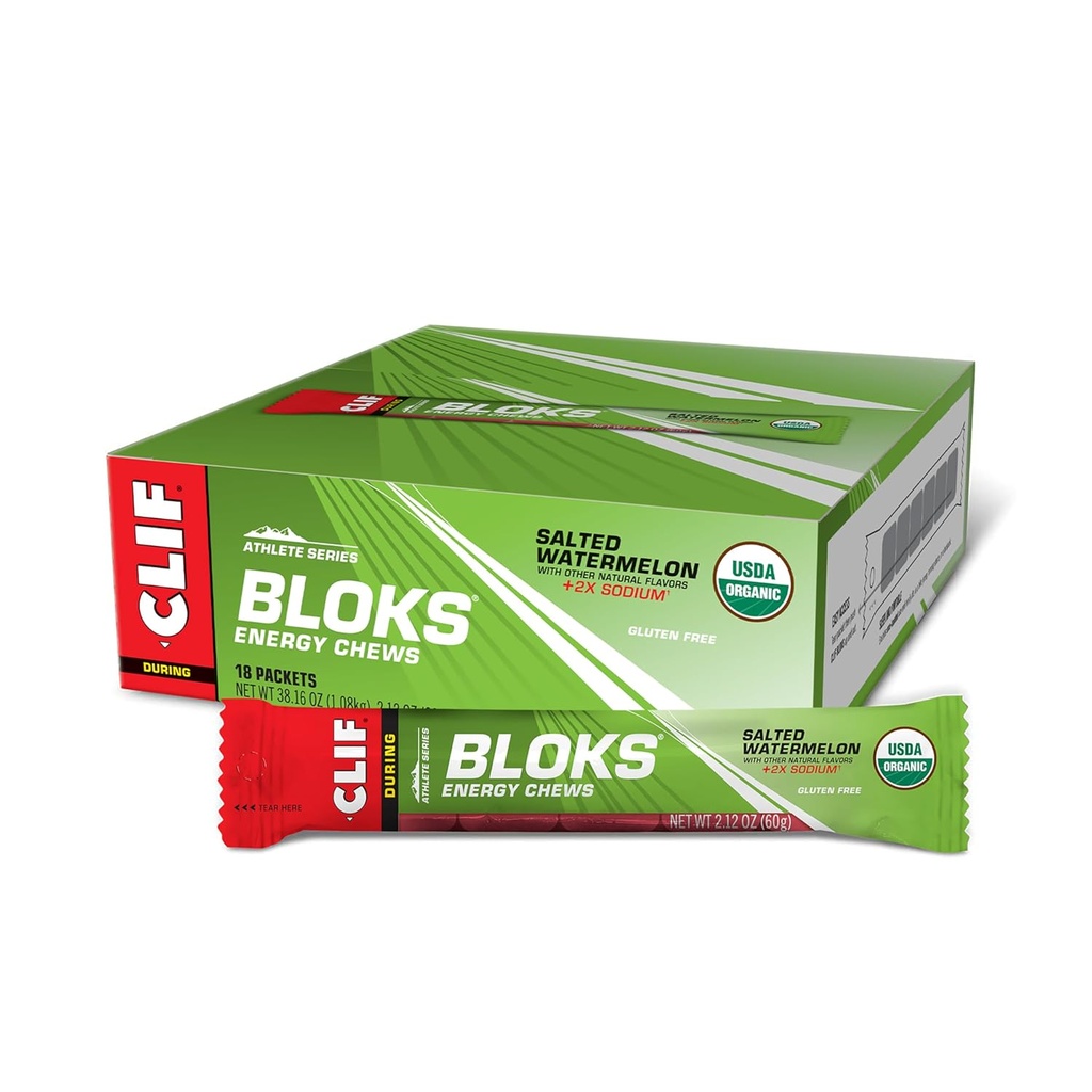 CLIF BLOKS - Sabor de sandía salida con 2X Sodium - Cerdos de energía - No GMO - Planta base - Combustible rápido para Ciclismo y Correción - Carbohidratos rápidos y electrolitos - 2.12 oz. (18 Conde)