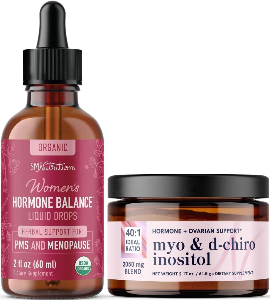 Myo-Inositol Powder Complex & Herbal Hormone Balance Tincture | Hormone Balancing Bundle with Myo-Inositol & D-Chiro (30 Servings) and PMS Menopause & Menstrual Support Liquid (60 Servings)