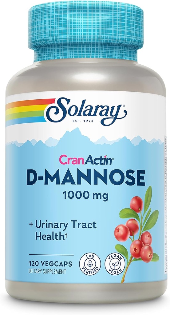 SOLARAY D-Mannose 1000mg con extracto de arándano CranActin - D Mannose y suplemento de arándano con vitamina C - apoya la salud del tracto urinario - Vegan, garantía de 60 días