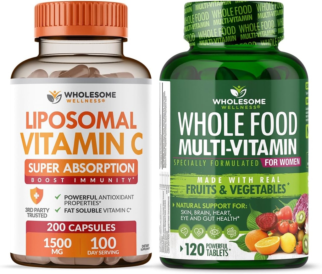 Wholesome Wellness Liposomal Vitamin C Capsules (200 Pills 1500mg Buffered) High Absorption VIT C + Whole Food Multivitamin for Women - Natural Multi Vitamins, Minerals, Organic Extracts Bundle