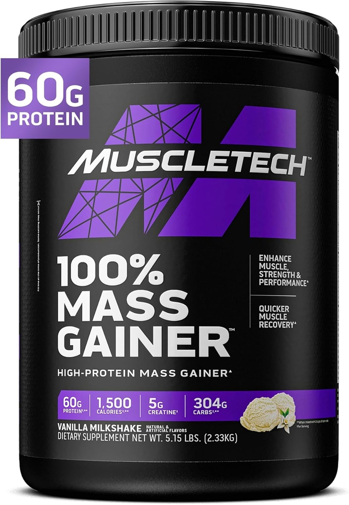 MuscleTech High Protein Mass Gainer for Men &amp; Women - Protein Powder Shakes for Weight Gain, Muscle Building &amp; Recovery with Creatine Monohydrate - Vanilla Milkshake, 5.15 libras