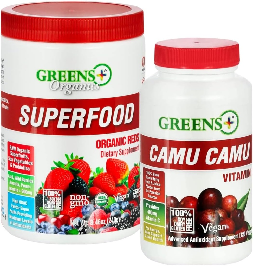 Verdes+ Rojos Ecológicos Superalimentos Polvo Camu Dietario 400mg Vitamina C SuperFruit Suplemento 120 cápsulas, 100% Natural, Vitaminas &amp; Minerales, Vegan, Soy/Dairy/Gluten Gratis