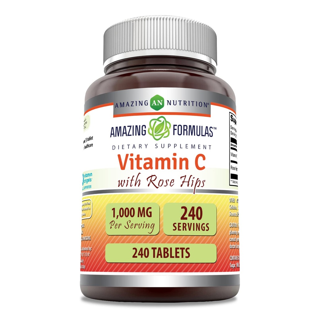 Fórmulas asombrosas Vitamina C con Rose HIPS Suplemento TENIDO 1000 Mg TENED 240 Tablets TENIDO NO GLUTEN-Free TEN Made in USA