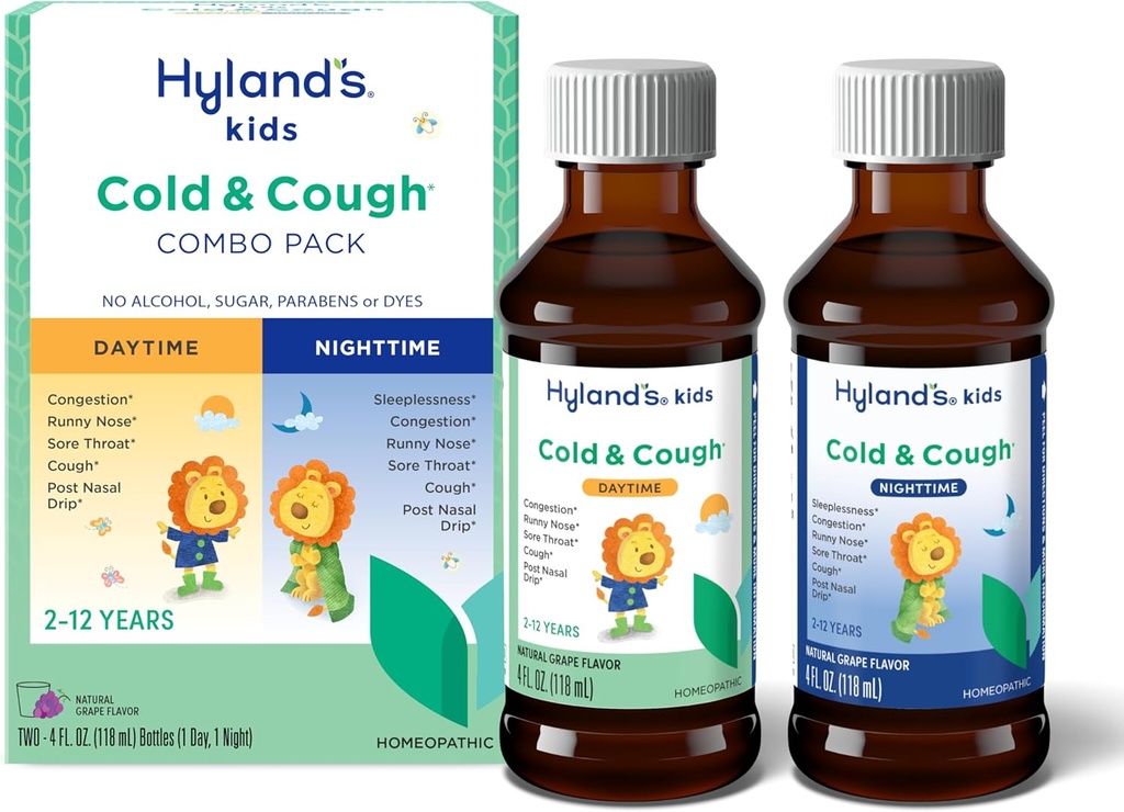 Hiland's Kids Cold and Cough, Day and Night Combo Pack, Cold Medicine for Ages 2 and up, Grape Flavor Syrup Cough Medicine for Kids, Nasal Decongestant, 4 Fl Oz (Pack of 2)