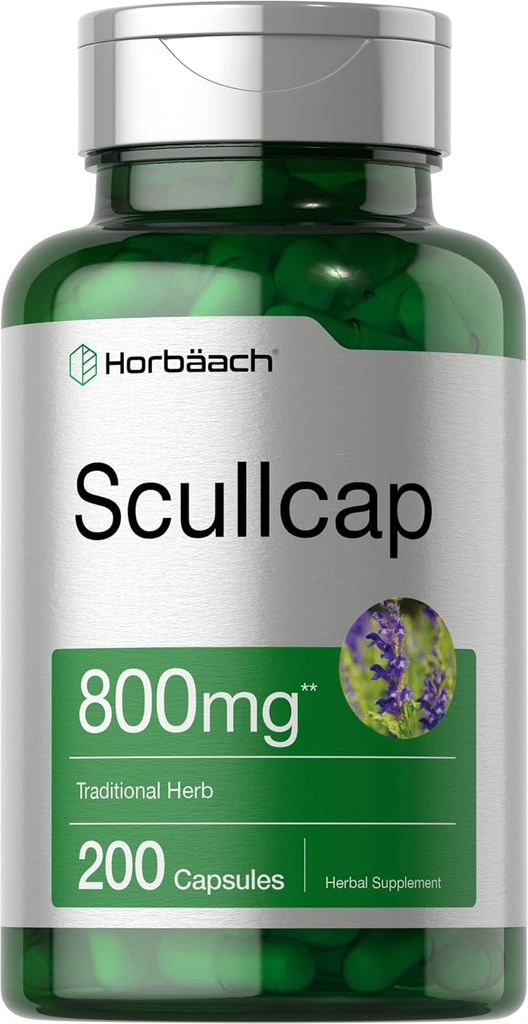 Horbäach Scullcap Capsules TEN 800 mg ANTE 200 Conde TENIDO Max Potency, Value Size TENIDO NO GMO Y Gluten Suplemento gratuito ANTE Scutellaria Baicalensis
