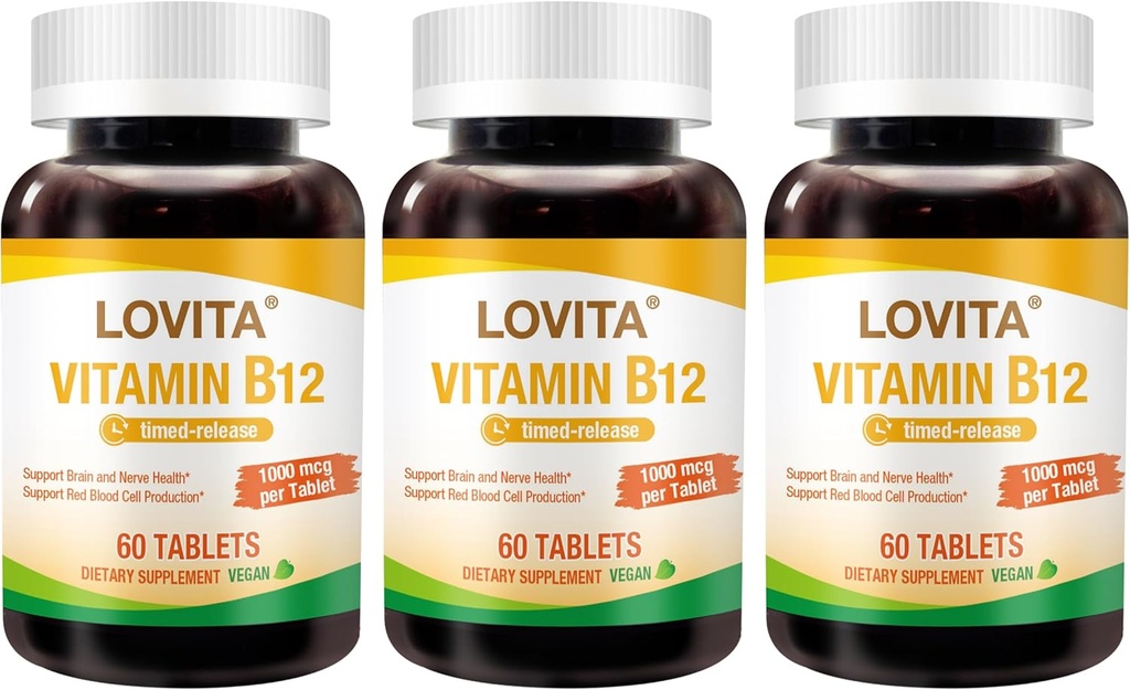 Lovita Vitamina B12 1000 mcg (B12 Vitaminas como Cyanocobalamin), Timed Release B12, Vegan-Friendly, Supports Nervous System, 60 Tabletas Vegetarianas (2 Month Supply) (Pack of 3)