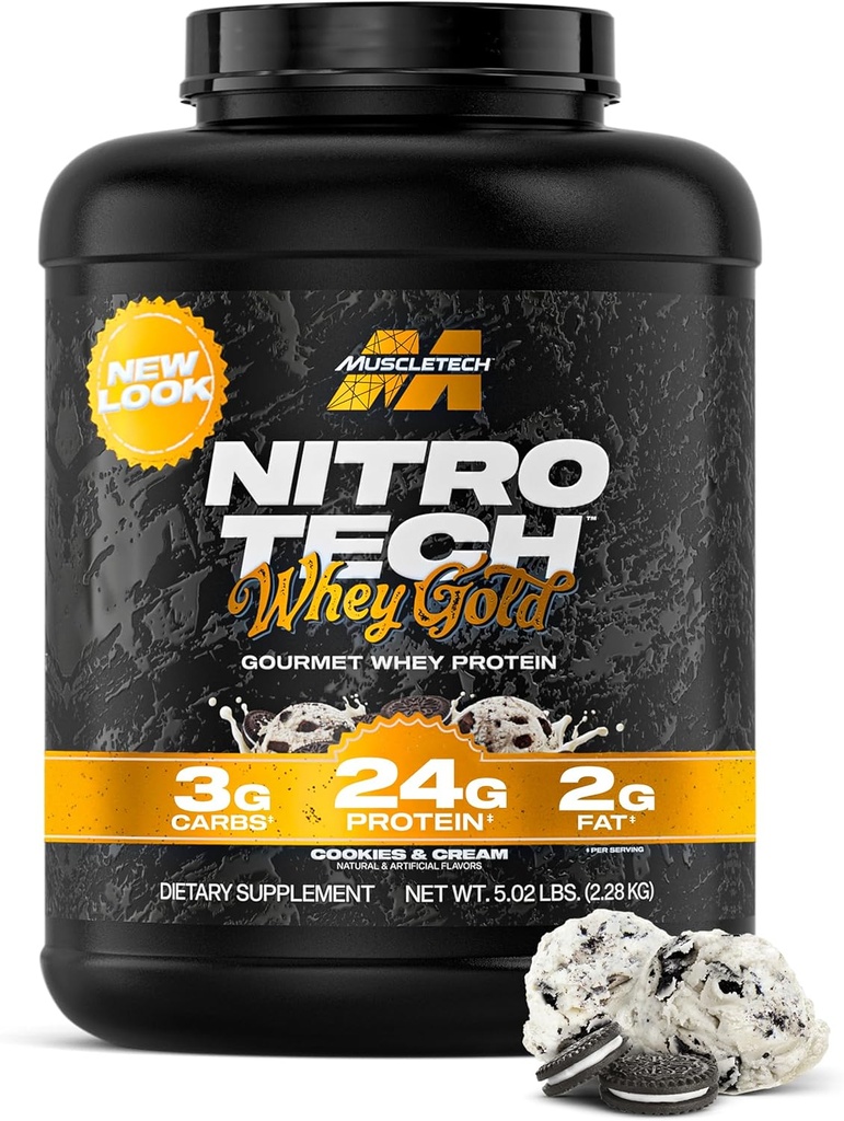 Muscletech Whey Protein Powder (Cookies &amp; Cream, 5LB) - Nitro-Tech Whey Protein Isolate Smoothie Mix for Lean Muscle &amp; Recovery - 24g of Whey Gold Protein for Women &amp; Hombre - Packaging May Vary