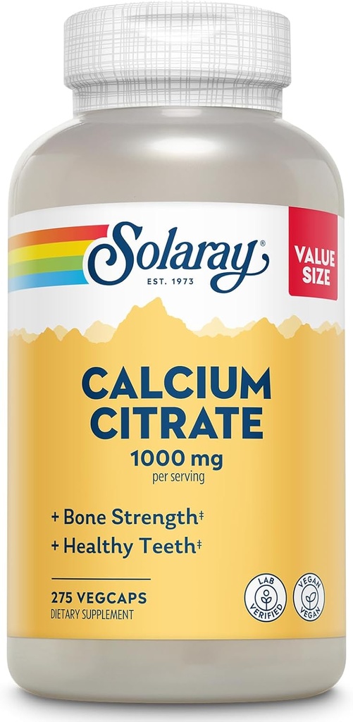 Solaray Calcium Citrate 1000mg - Suplemento de calcio Chelated - Soportes Bone Strength y dientes saludables - Fácil de digerir - Garantía de 60 días, Vegan - 68 Servimientos, 275 VegCaps