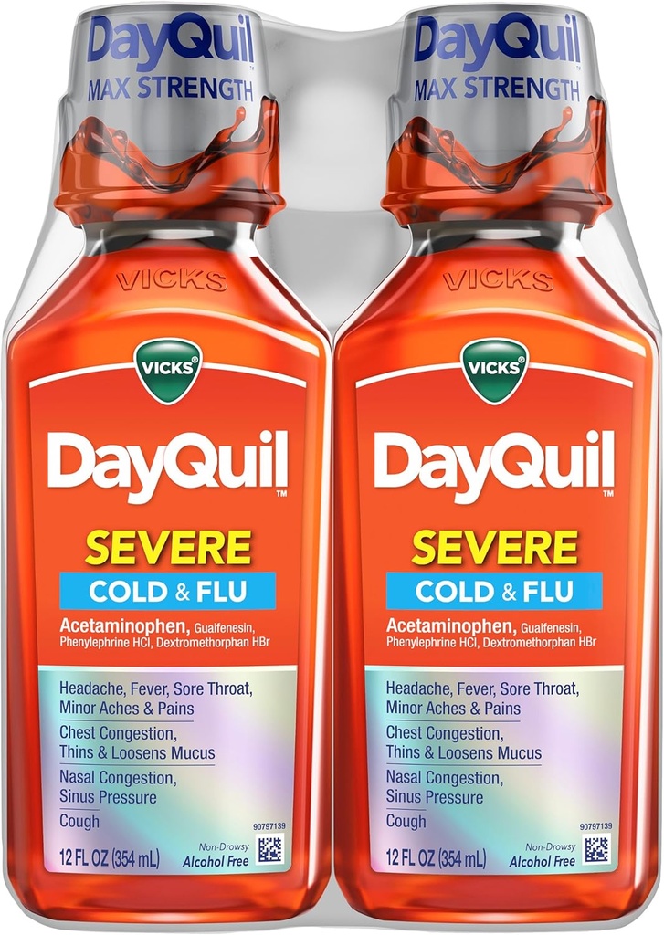 Vicks DayQuil Severe Cold " Flu Liquid Medicine, Daytime Relief for Headache, Fever, Sore Throat, Minor Aches " Pains, Chest Congestion, Stuffy Nose, Nasal Congestion, Sinus Pressure, " Cough, 2x12oz