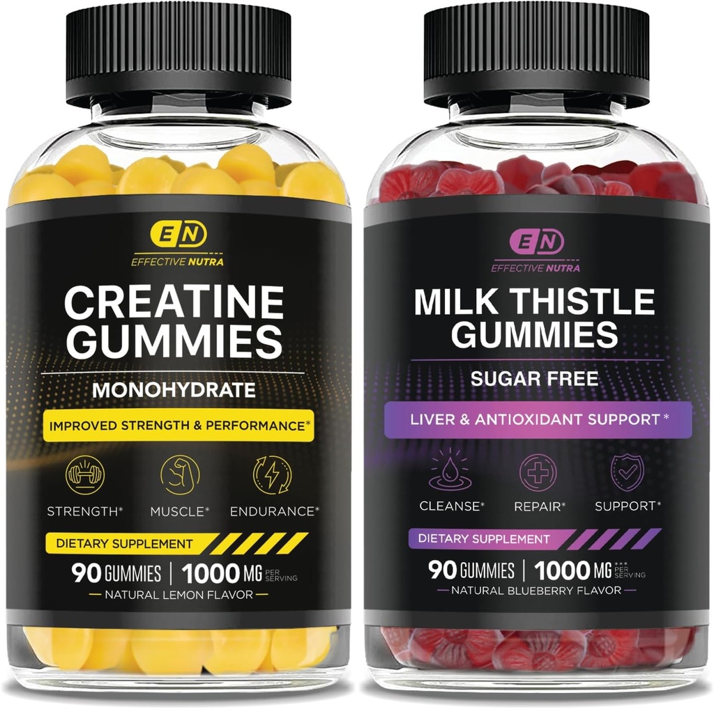 EFFECTIVE NUTRA Creatine Monohydrate Gummies 90ct & Sugar Free Milk Thistle Gummies 90ct