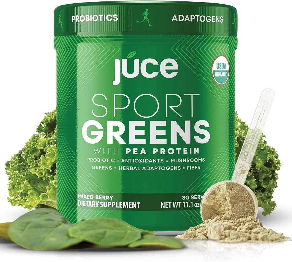 Juce SG7 Sport Greens Powder Suplemento Silencio Orgánica Fundada Protein TEN Green Juice Powder ← Probióticos ← Mushrooms ANTE Mixed Berry Flavor ← 30 Servimientos Silencio Por Terra Kai Organics