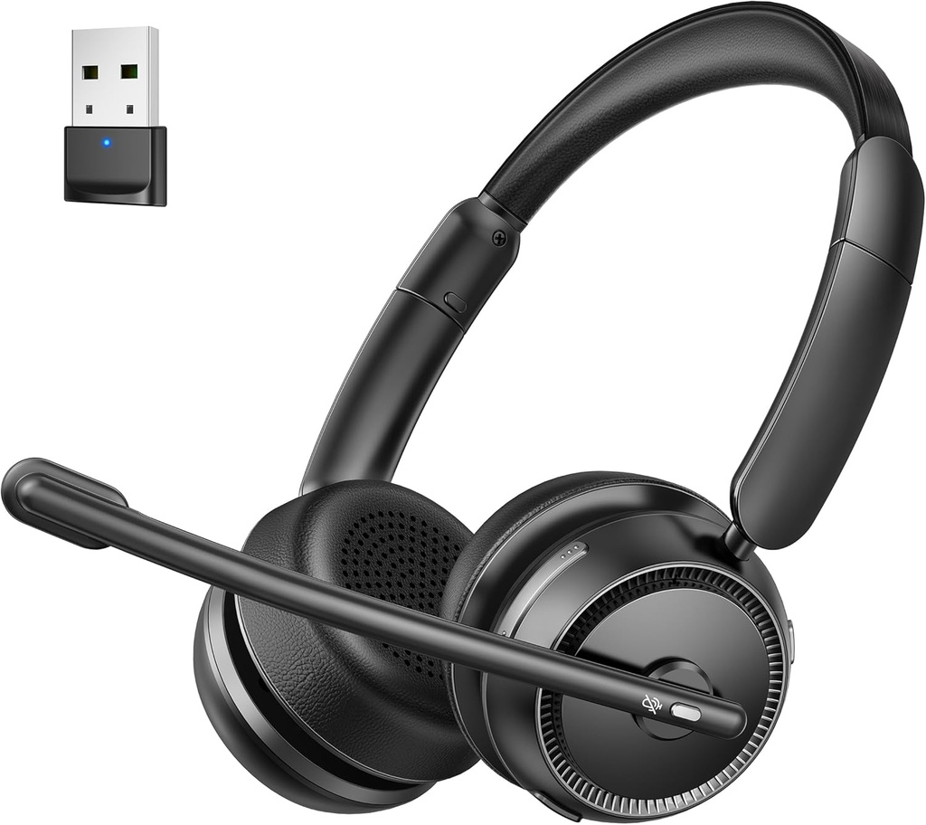 Auricular Bluetooth con micrófono de cancelación de ruido AI, Auriculares Bluetooth Stereo HiFi, Auriculares inalámbricos con USB Dongle para el Centro de llamadas de la Oficina de Computación