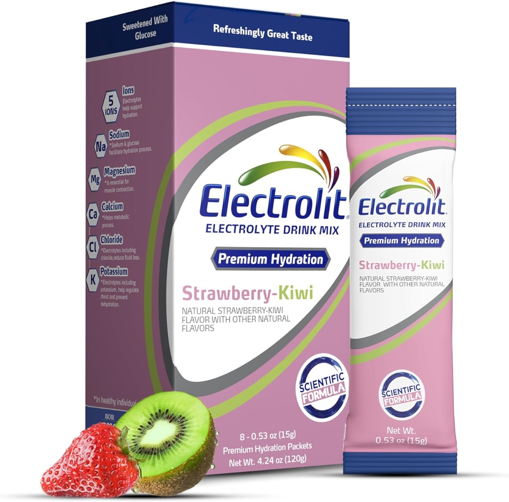 Electrolit Electrolytes Powder Packets, Strawberry Kiwi 8 Pack, Powdered Hydration Packets for Dehydration & Rehydration, Post Workout Flavored Hydrating Drink Mix, Gluten Free Water Enhancer Sticks
