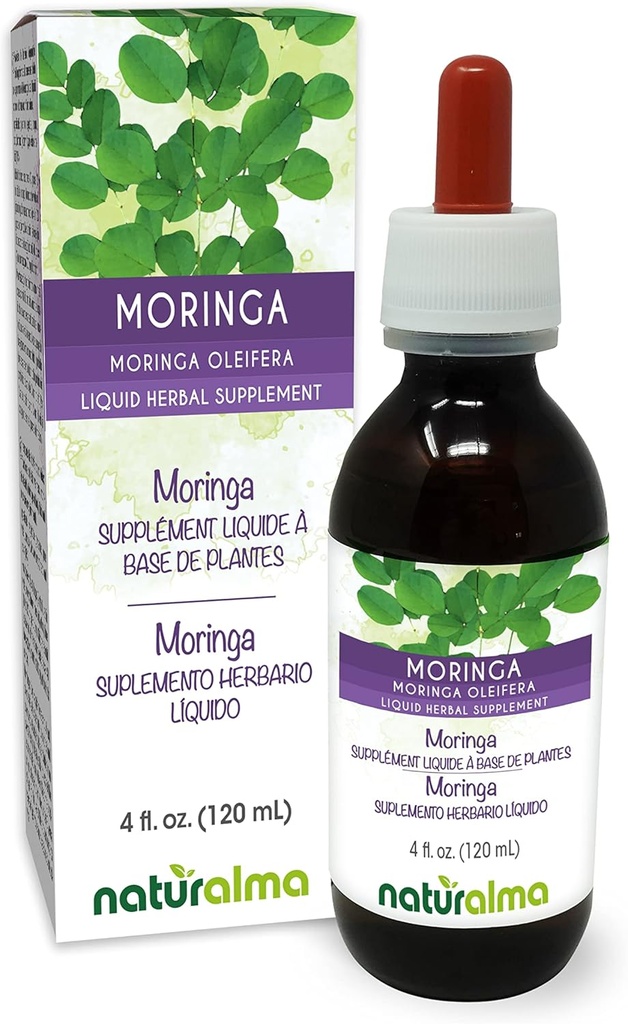 Naturalma Moringa (Moringa oleifera o Moringa Aptera) Hoja Tintura libre de alcohol - 4 fl oz Extracto líquido en gotas - Suplemento herbal - Vegan