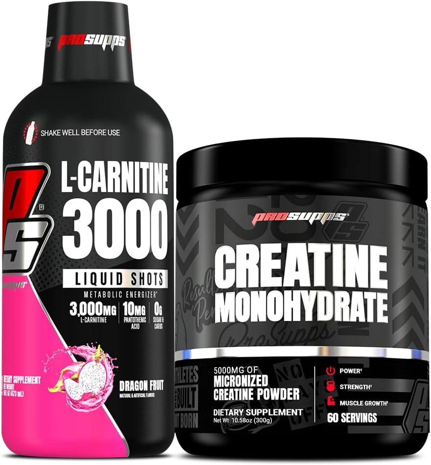 PROSUPPS L-Carnitine 3000 Stimulant Free Liquid Shots (31 Servings, Dragon Fruit) y Creatine 300 Monohydrate (60 Servings) Bundle