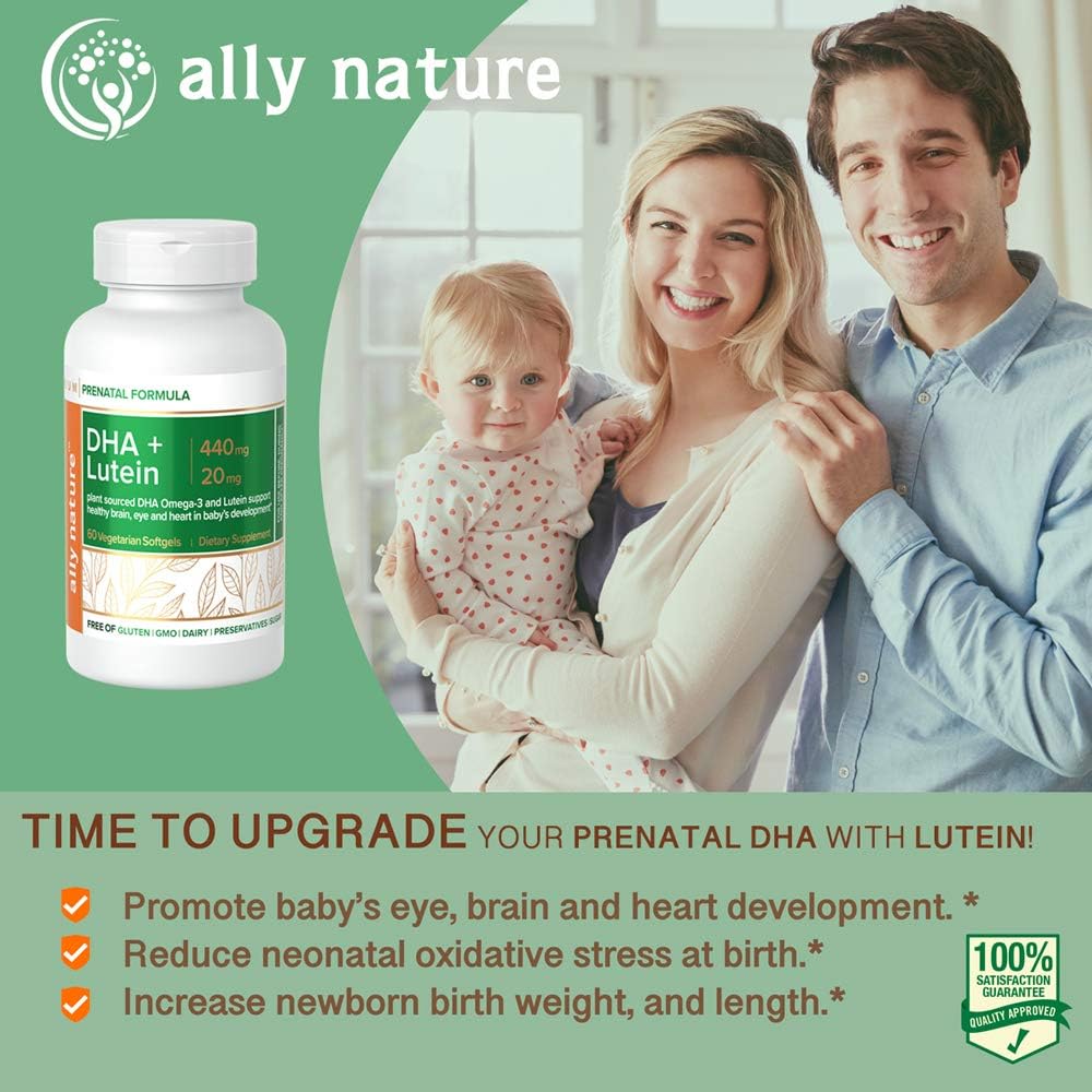 Prenatal vegano DHA 440mg – Lutein 20mg para el embarazo – Multivitamínico prenatal para mujeres embarazadas- Apoyo cerebral saludable, ojo y corazón en el desarrollo del bebé - 60 Softgels