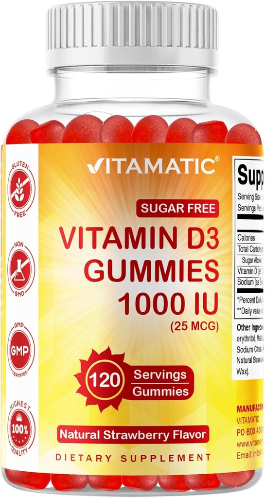 Vitamatic Sugar Free Vitamin D3-120 Pectin Based Gummies - Great Taste - Huesos saludables, Mood &amp; Immune System Function - Non-GMO - 120 Servings (1000 IU)