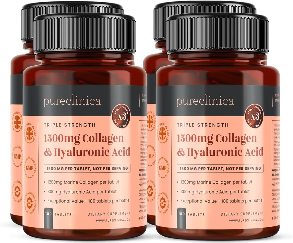 pureclinica Triple Strength Marine Collagen ' Hyaluronic Acid – 1500mg per Tablet TEN 720 Tablets (4 Botellas de 180) TEN soporta Skin, Joints & Hydration