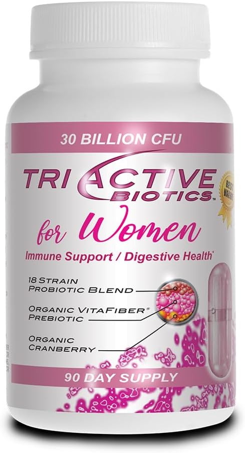 Biotica Triactiva de Fuente Esencial para Mujeres - Probióticos para Mujeres con 18 Strains, VitaFiber Prebiótico " Arándano a Apoyo Digestivo, Defensa Inmunitaria, Salud Urinaria, Vaginal - 90 cápsulas