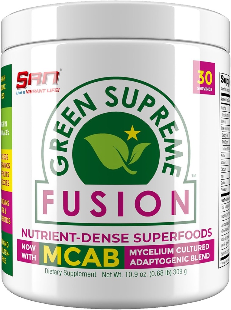 SAN Nutrition's Green Supreme Fusion Blend Antioxidant: Super Greens Smoothie Mix with Spirulina, Chlorella, Adaptogenic Mushrooms, 30 Servings