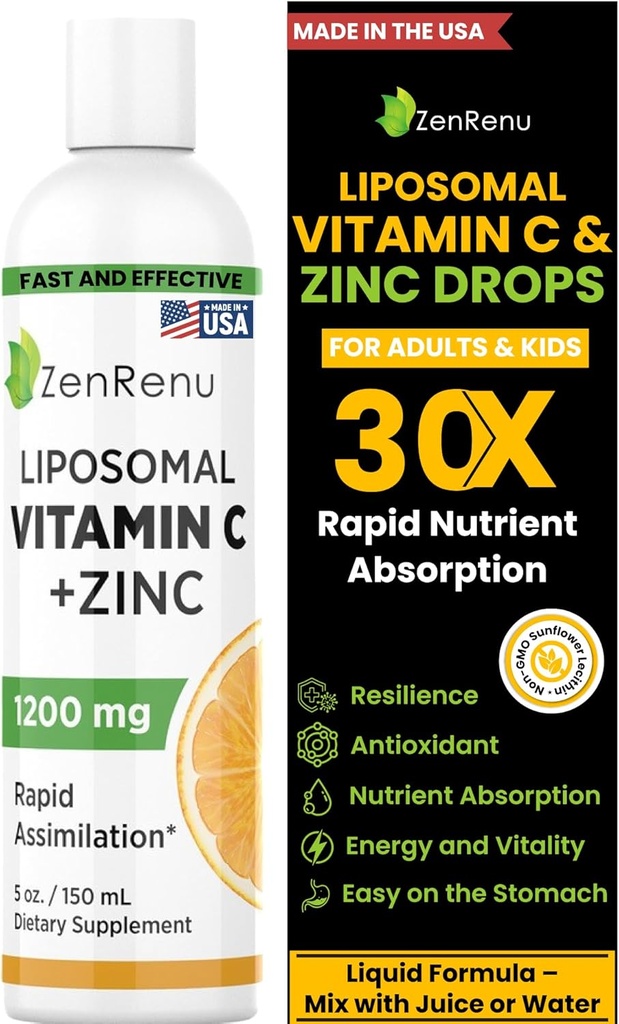 Zenrenu Liposomal Vitamina C y Zinc Liquid Drink for Adults &amp; Kids - Non GMO Sunflower Lecithin - Max Antioxidant &amp; Immune Support, 5 oz / 150 ml