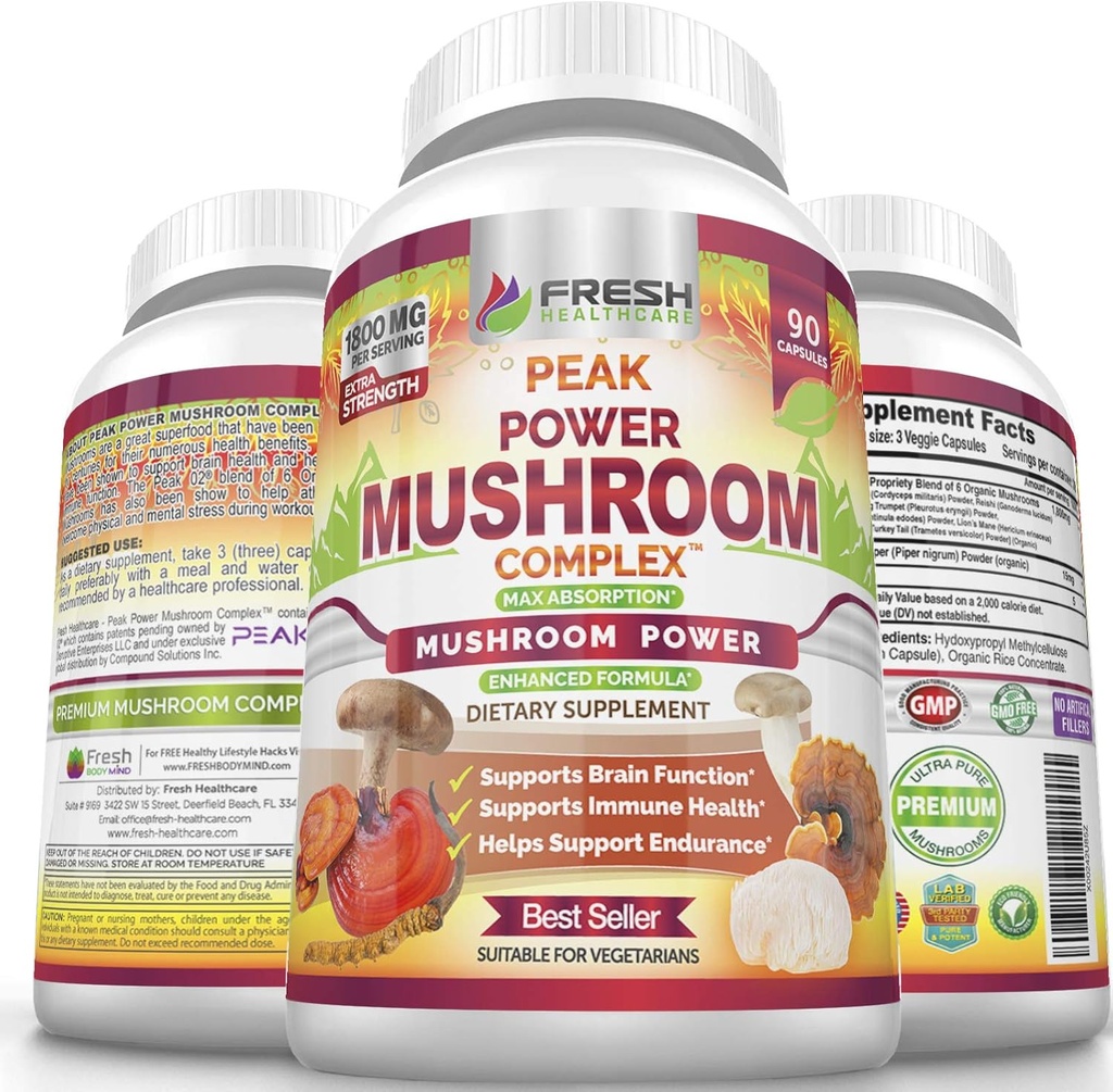FRESH HEALTHCARE Mushroom Suplemento - Lions Mane, Cordyceps, Reishi, Turquía Tail, y Shitake - Immune y Brain Support - Peak Power Mushroom Suplemento - 90 cápsulas Vegan