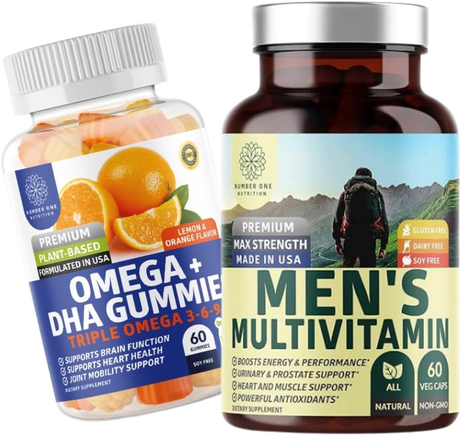 Número 1 Nutrición N1N Premium Men's Daily Multivitamin [Vitamins A C E D, Magnesium, Zinc] y Omega 3 6 9 + DHA Gummies [Vegan, Plant-Based], 2 Pack Bundle
