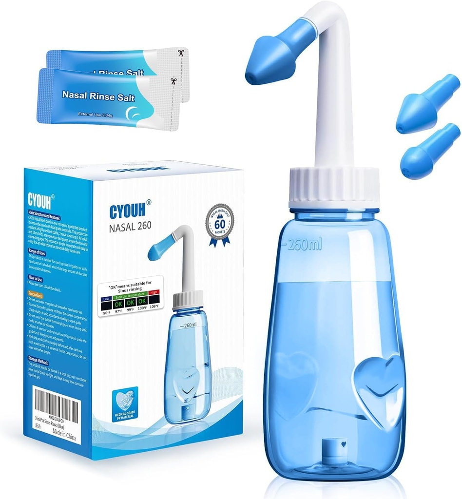 Neti Pot Sinus Rinse Bottle 260 ML con 60 paquetes de sal de lavado de Nasal y el termómetro de la nariz Lavadora Presión Rinse Nasal Irrigación para adultos &amp; Kid BPA Gratis (Blue)