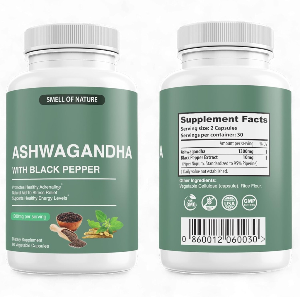 Suplementos de Ashwagandha orgánica de la naturaleza con extracto de cobre negro - 1300mg Extracto puro de Ashwagandha - Apoyo energético - No GMO, libre de gluten, Vegan - 60 cápsulas