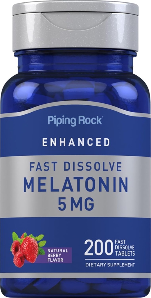 Piping Rock Melatonin 5mg ← 200 Fast Dissolve Tablets ← Berry Flavor  Adult Supplement ← Vegetarian, Non-GMO, Gluten Free Formula