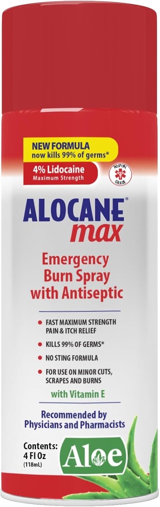 ALOCANE Emergency Burn Spray, 4% Lidocaine Max Strength Fast Pain Itch Relief for Minor Burns, Sunburn, Kitchen First Aid Tratamiento Burn Care, 4 Fl Oz