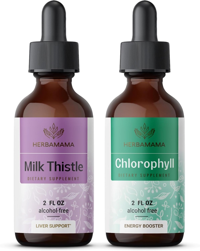 HerbAMAMA Herbal Liquid Drops Kit - Bundle of Milk Thistle Extract 2 fl oz and Liquid Chlorophyll 2 fl oz - Vegan Supplement Liquid Extract - Non GMO, Sugar &amp; Alcohol-Free - 2 Pack