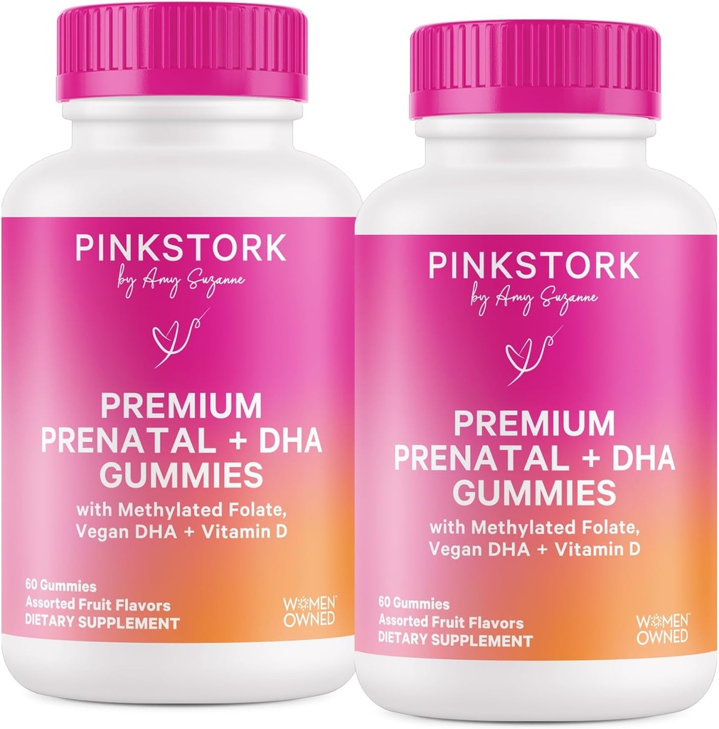 Pink Stork Premium Prenatal Gummy Vitamins with DHA, Folate, and Vitamin D - 60 Vegan Gummies - 2 Pack
