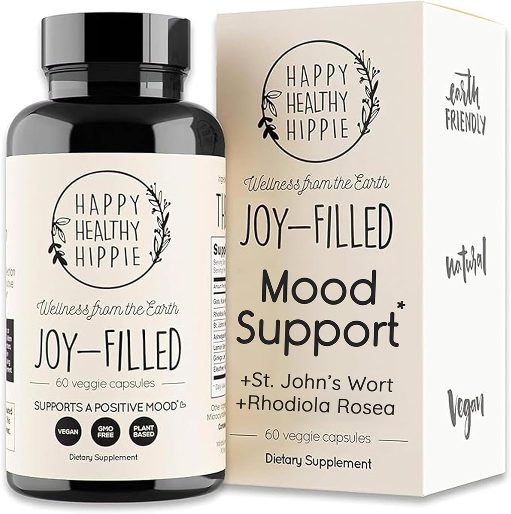 Joy-Filled Mood Support Suplemento - 7 Herb Complex w/St. Johns Wort ← Stress Relief – Ayuda a calmar la mente y el cuerpo  100% Plant-Based Happy Pills, Ashwagandha, Rhodiola Rosea  Adaptogens, 60 Ct