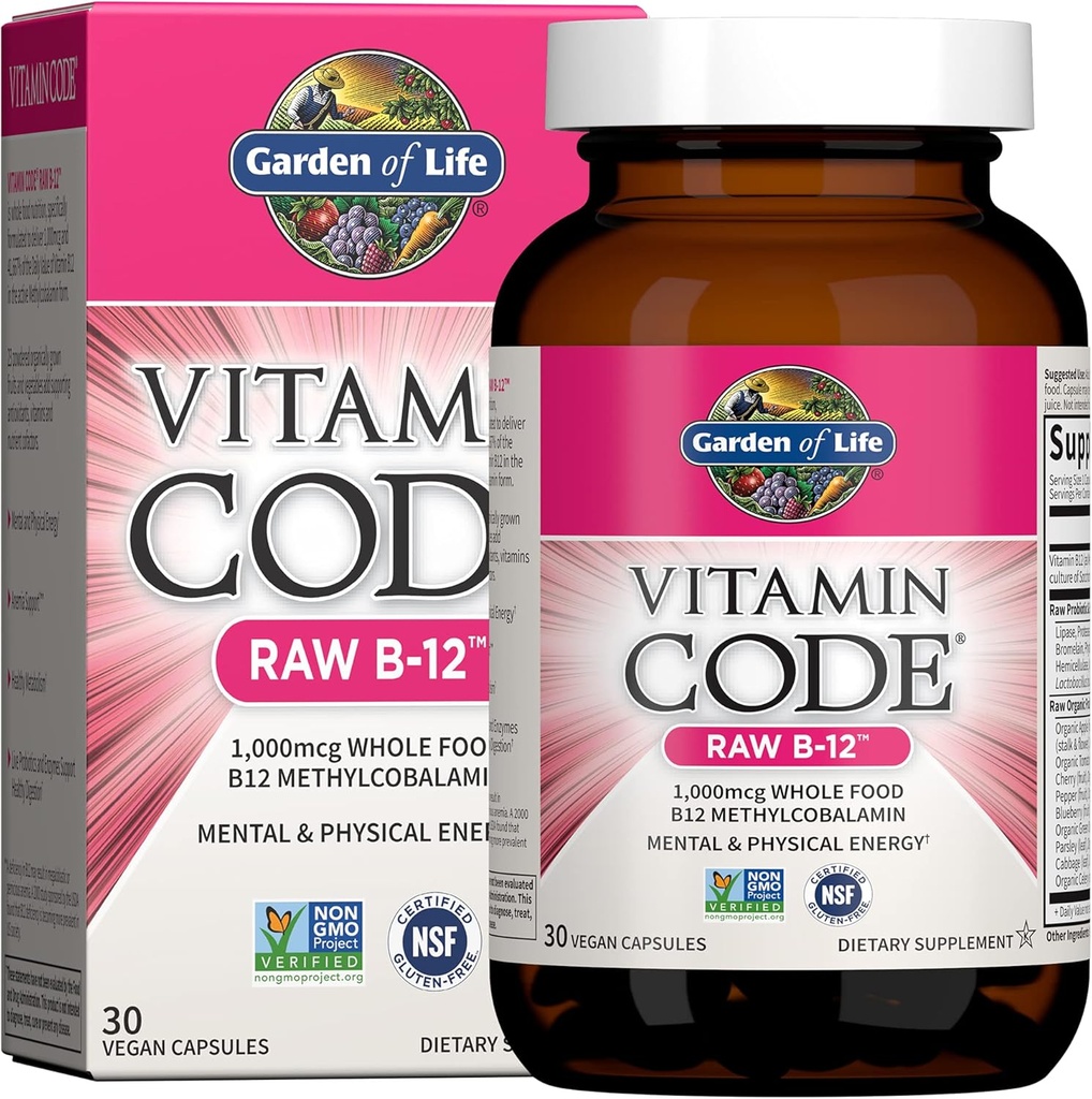 Garden of Life Vitamin Code Raw B-12-30 Capsules, 1000mcg Whole Food B12 Methylcobalamin for Energy, Vegan Methylcobalamin Vitamin Plus Probiotics and Enzymes, Gluten Free Supplements