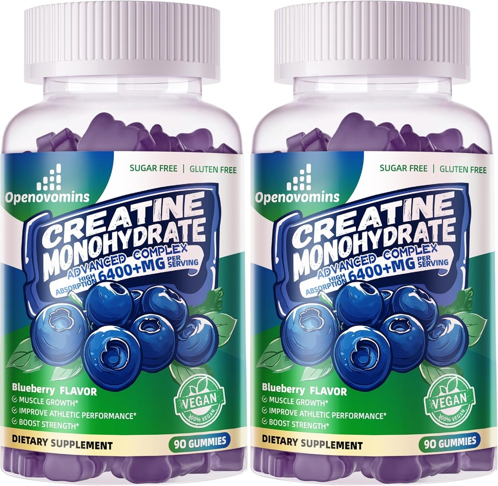 Complejo de Gummies de Monohidrato de Creatina para Hombres y Mujeres -Fórmula avanzada W/L-Taurina + Vitamina B12, Sugar suplemento Chewable Libre,180 Blueberry Gummies 2pack