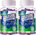 Complejo de Gummies de Monohidrato de Creatina para Hombres y Mujeres -Fórmula avanzada W/L-Taurina + Vitamina B12, Sugar suplemento Chewable Libre,180 Blueberry Gummies 2pack