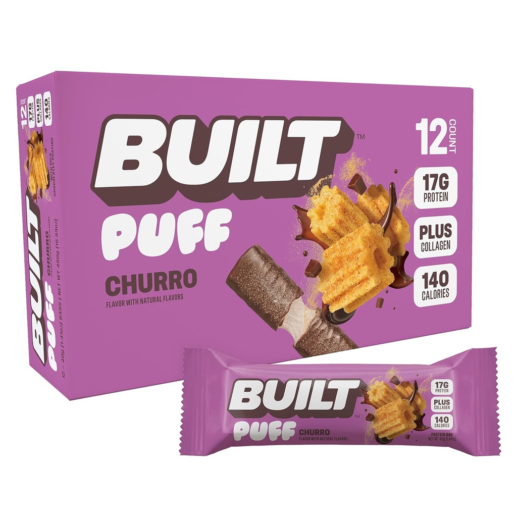 Bar, Puff Protein Bares, Churro Puff, 17g Protein Snacks, On-The-Go Bars, Sólo 140 Calories &amp; 6g Azúcar, Collagen, Gluten Free, 12 Conde