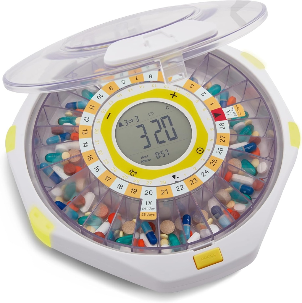 Dispensador automático de píldoras Bluetooth LiveFine, Capacidad de 28 días, Alertas de luz de sonido, Cierre de llave, LCD &amp; Fácil configuración en la aplicación LiveFine para las recetas, medicamentos, vitaminas y suplementos - Lid clara