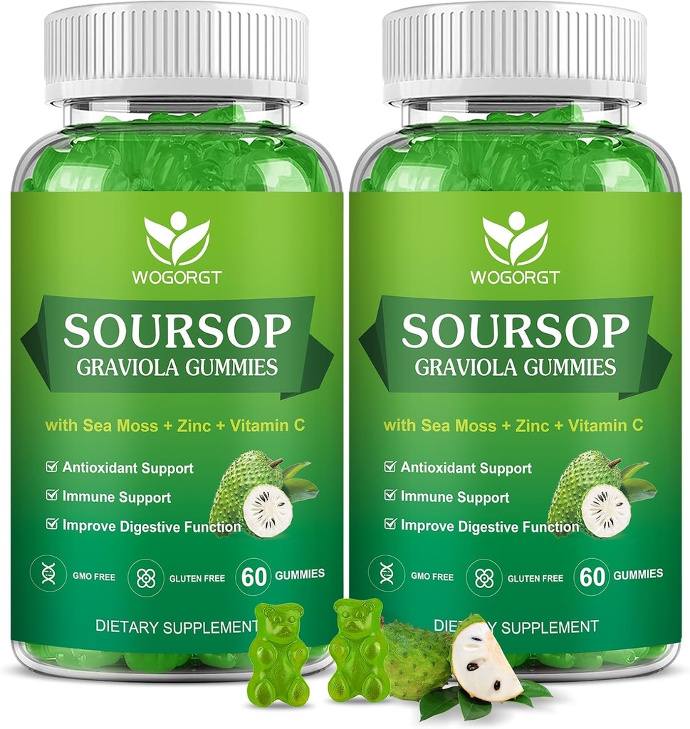Soursop Graviola Gummies with Sea Moss Extract - Antioxidante, Cell Support &amp; Regeneración, Immune Support, Soursop Gummy with Sea Moss, Vitamina C & Zinc, Apple Flavor - 60 Gummies(2 Pack)