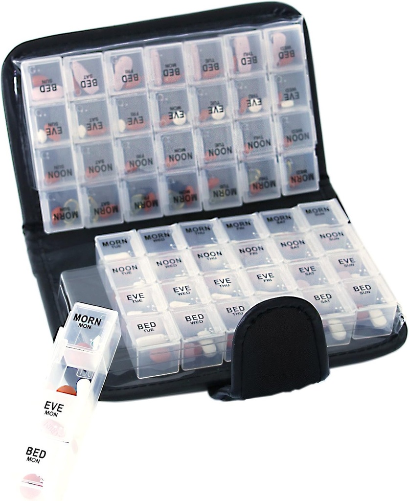 Smart Essentials 14 días Pill &amp; Vitamin Organizer 2 semanas AM/PM 4 Doses a Day Travel Case Handy & Portable, Black, GM8283