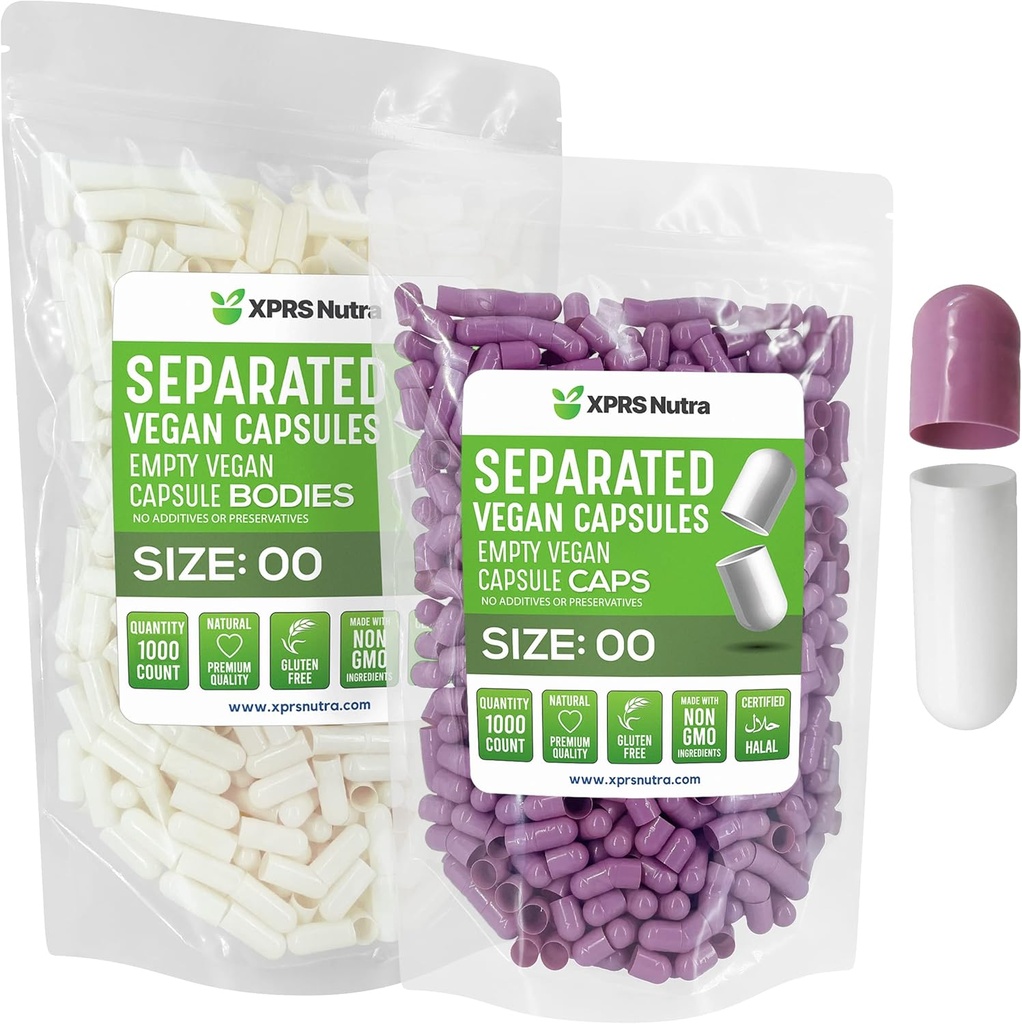 XPRS Nutra Vegan Tamaño 00 cápsulas separadas - 1000 cápsulas de vacío Premium Separados en bolsas - 00 pastillas Vacío para relleno de suplemento de bricolaje (Lavanda / Blanco)