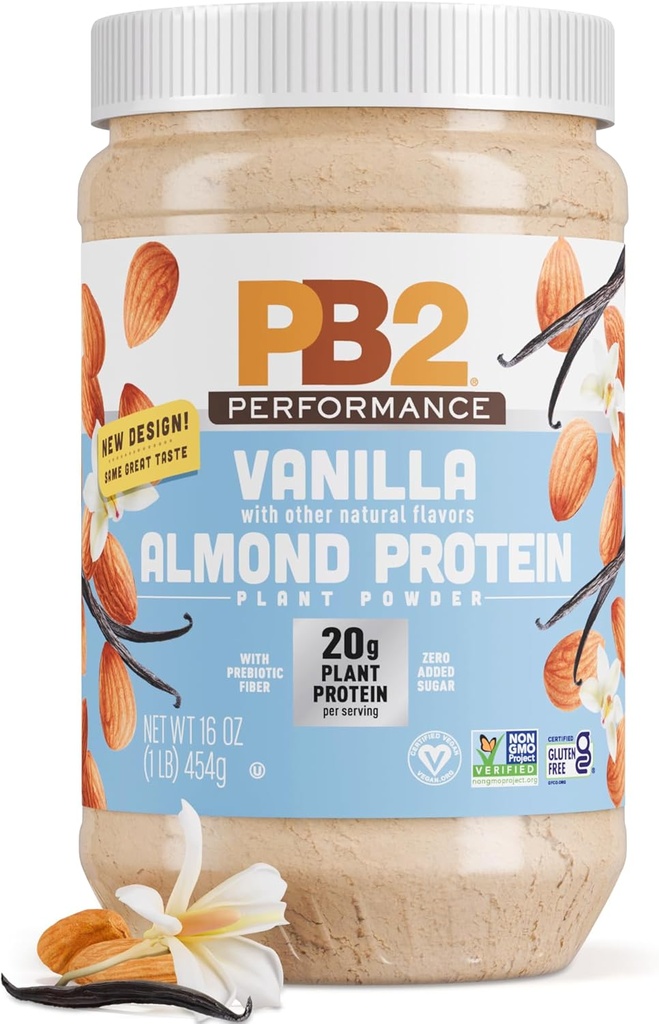 PB2 Rendimiento Almendro planta base de proteína Vegan Powder ← 20g Proteína completa, No Añadido Azúcar, Prebiótico Fiber tención Dairy Free, Certified Vegan, Non-GMO, Gluten Free [Almond w/Madagascar Vanilla, 1LB]