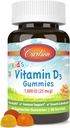 Carlson - Kid's Vitamin D3 Gummies, 1000 UI (25 mcg), Bone Health &amp; Immune Support, Growth & Development, Vitamin D Gummies, D3 Gummy Vitaminas, Natural Fruit Flavors, 60 Gummies Vegetarianas