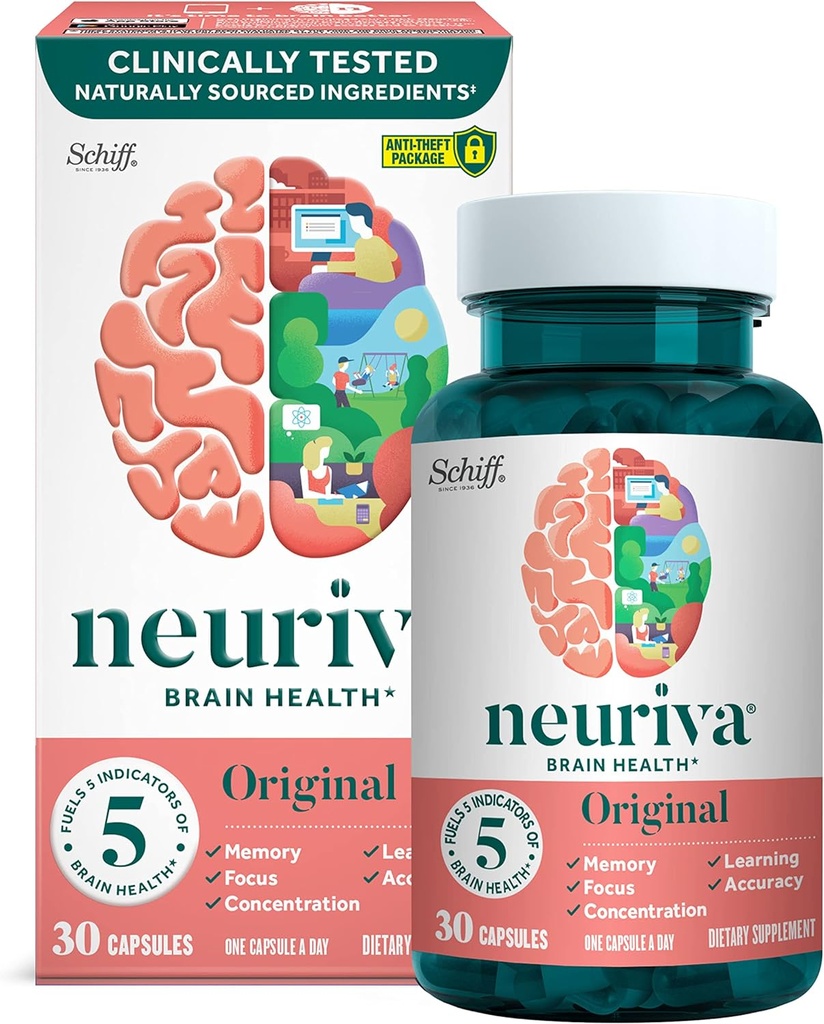 NEURIVA Original Brain Supplement for Memory, Focus & Concentration + Learning &curacy with Clinically Tested Nootropics Phosphatidylserine and Neurofactor, Caffeine Free, 30ct Capsules