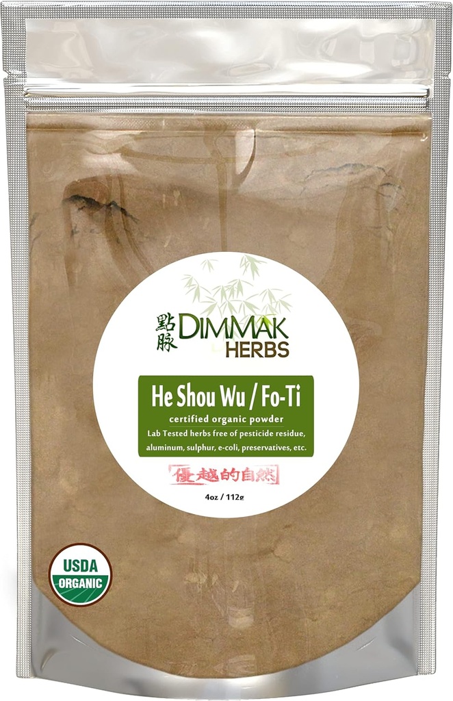 Dimmak Herbs Organic Fo Ti Root Raw Chinese Herb Powder - Cure/Prepared USDA Organic He Shou Wu (Polygonum Multiflorum Preperata) Añadir a Water or Smoothie 1 4oz/112g Bag